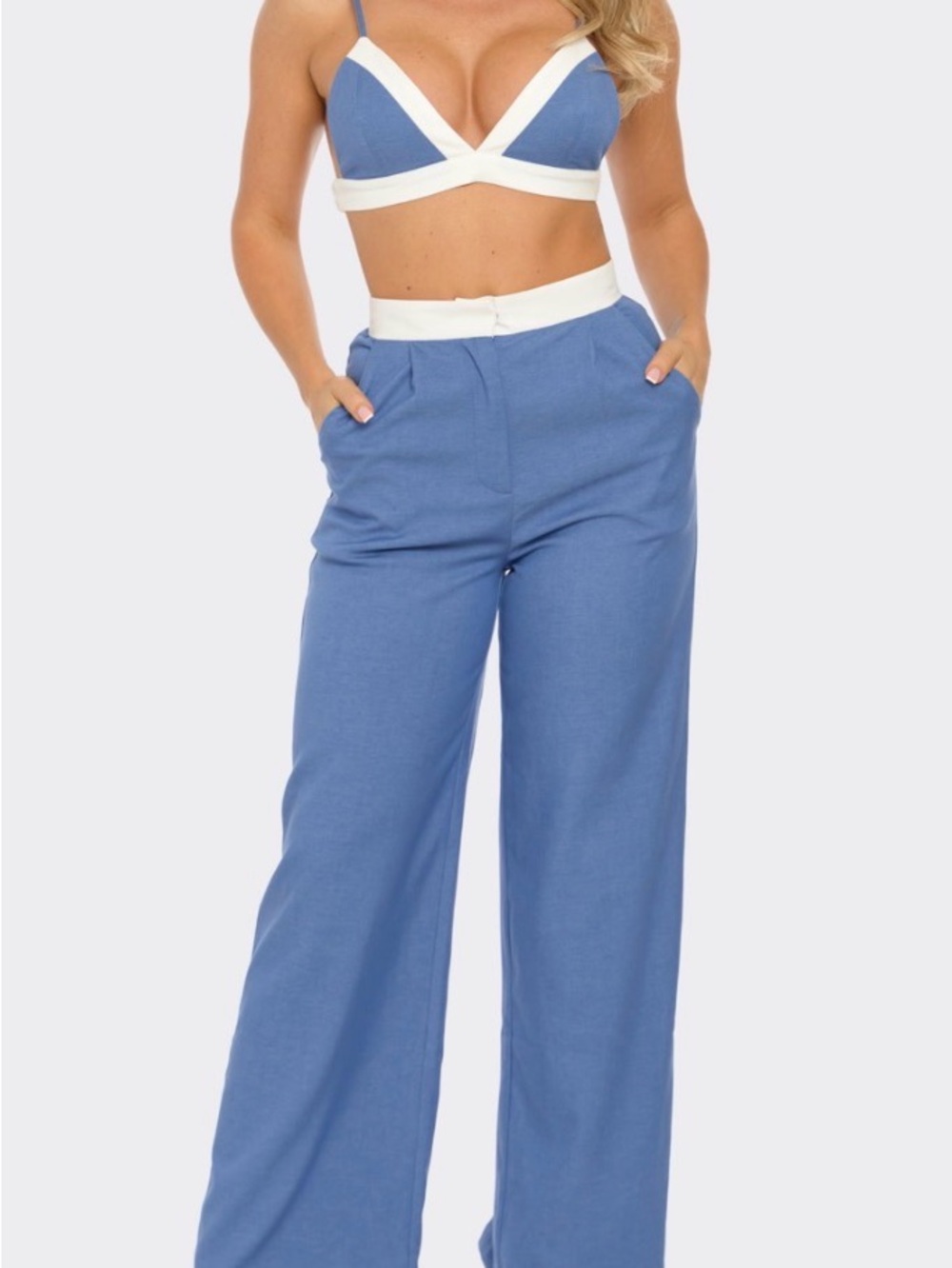 High-Rise Wide Leg Pants in Denim Blue with Contrast Waistband.